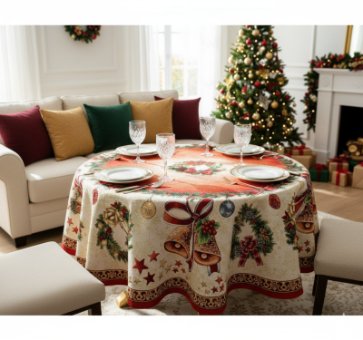 Жакардова коледна покривка за кръгла маса с разкошен бордюр от камбанки и коледни венци