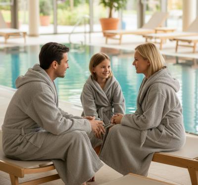 Памучен сив халат за баня с качулка и колан