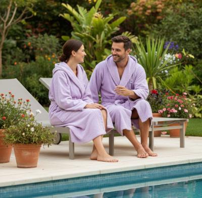 Памучен халат за баня - луксозен лилав халат с качулка и колан, плюш