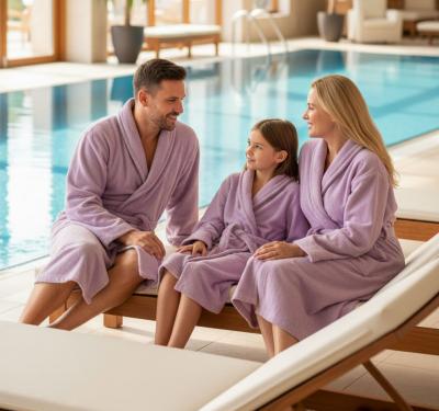 Памучен лилав халат за баня - къс, луксозен без качулка, плюш