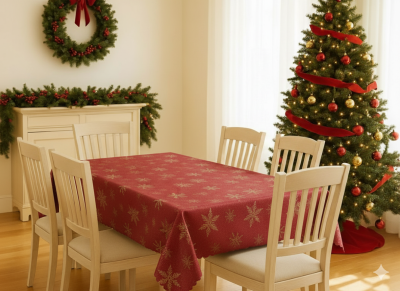 Златни снежинки. Червена коледна покривка за маса - тържествена и красива