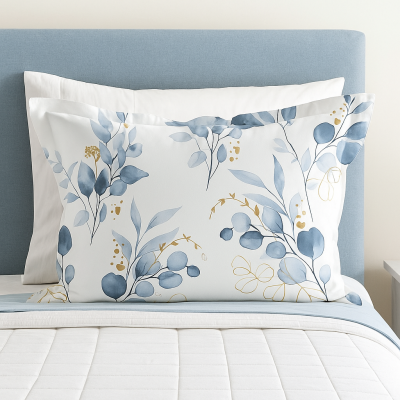 възглавница в памучна калъфка със сини цветя на бял фон, поставена на легло