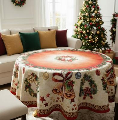 Жакардова коледна покривка за кръгла маса с разкошен бордюр от камбанки и коледни венци