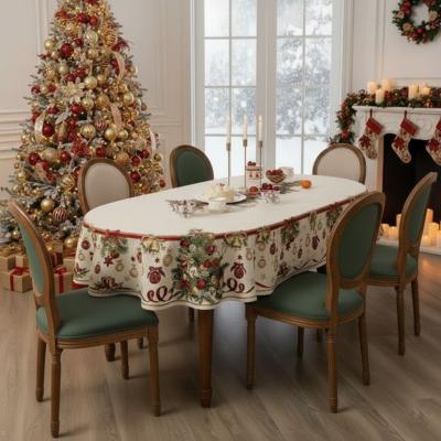 Коледна покривка за елипсовидна маса - широк бордюр с украса и елхи