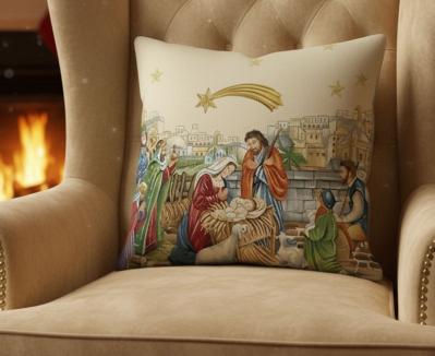 Коледна калъфка Рождество на кремав фон  – жакард, 40x40 см