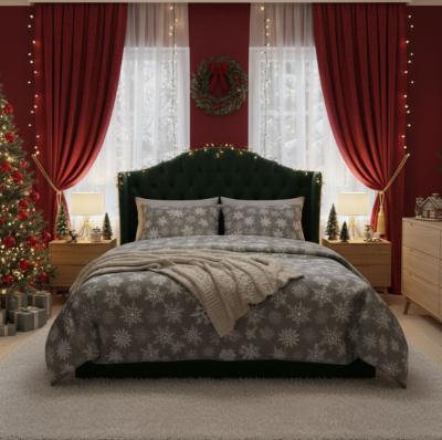 Памучен коледен спален комплект сив с бели снежинки