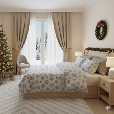 Памучен комплект - бяла коледа, нежни сиви снежинки на бял фон