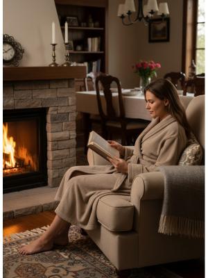 Бежов домашен халат от полар с деликатен релеф, мек и топъл