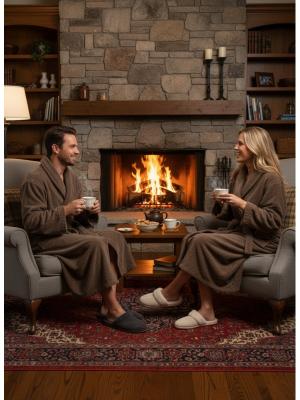 Пухкав домашен халат от микрофибър - кафяв, за мъж и за жена