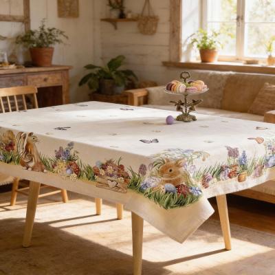 Жакардова великденска покривка за маса - богат кант с пъстри яйца и зайци в пролетна градина