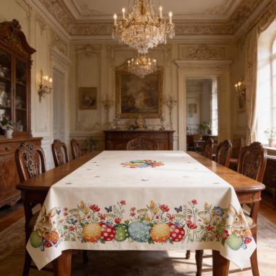 Жакардова великденска покривка за маса - пъстри яйца и зайчета в пролетна градина