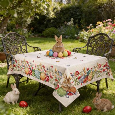 Жакардова великденска покривка за маса - пъстри яйца и зайчета в пролетна градина
