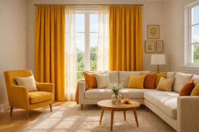 Плътно готово перде от висококачествена материя - цвят горчица