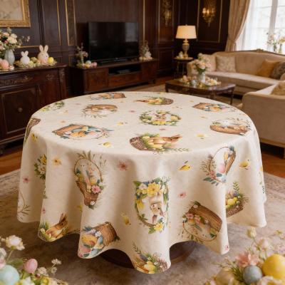 Великденска покривка за маса с празнични кошнички, зайчета, пиленца и много цветя