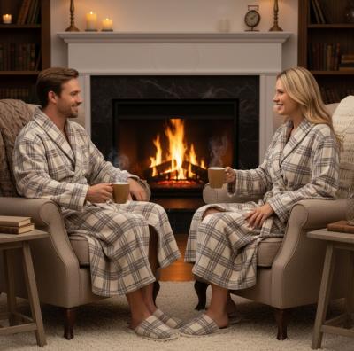 Домашен халат от полар в бежово каре – плътен, топъл и мек