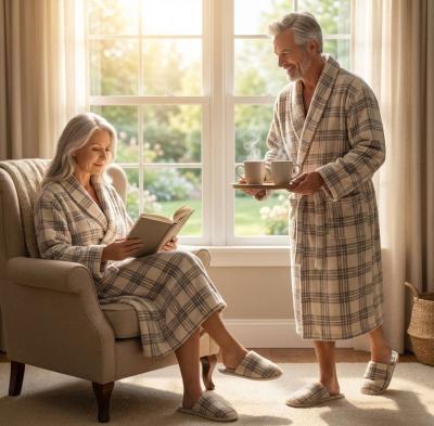 Домашен халат от полар в бежово каре – плътен, топъл и мек