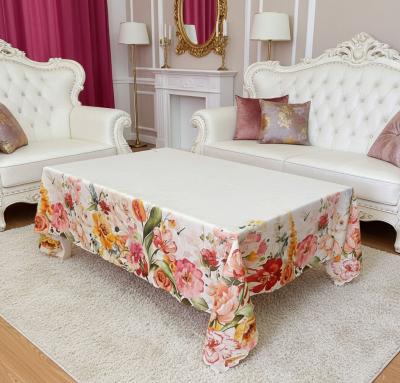 Покривка за маса с разкошни лалета и пролетни цветя в широк бордюр.