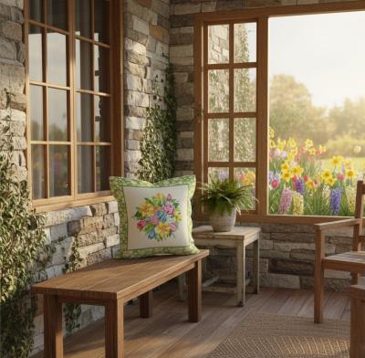 Великденска жакардова калъфка с чуден букет и зелен кант с маргаритки