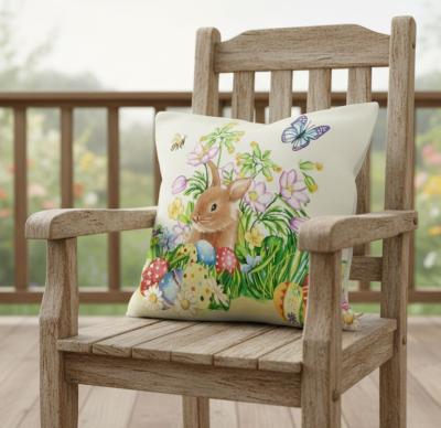 Жакардова великденска калъфка със Зайче и шарени яйца сред цветя с пеперуда и пчела