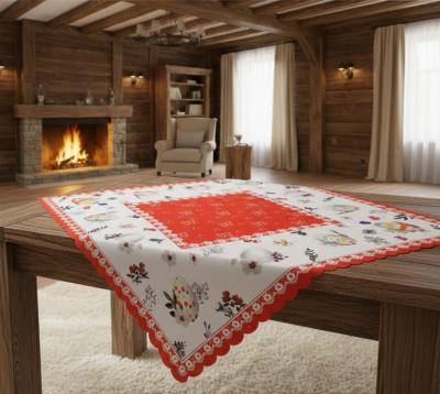 Великденска покривка за маса, каре пъстри яйца и червен бордюр