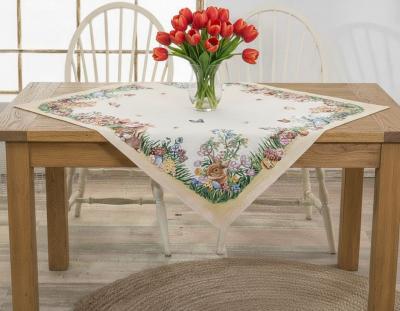 Красиво великденско каре от жакард - зайчета, яйца и цветя в градината