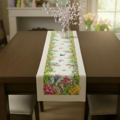 Жакардова покривка за Великден - тишлайфер с пролетна градина и заек