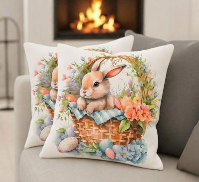 Великденска калъфка със заек в кошничка, боядисани яйца и много цветя - 2 бр