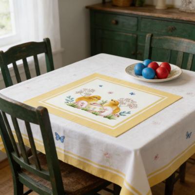 Жакардова великденска салфетка с две пиленца и пъстро яйце, жълт кант