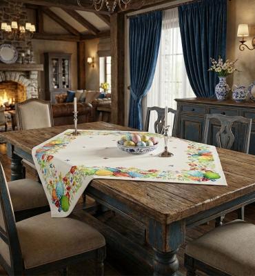 Жакардова великденска покривка каре с пролетна градина и боядисани яйца