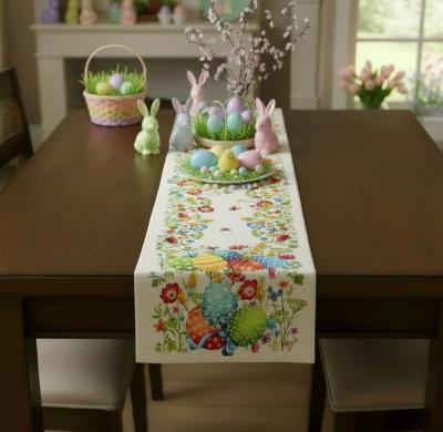 Жакардова покривка - Великденски тишлайфер с пъстри яйца на полянка