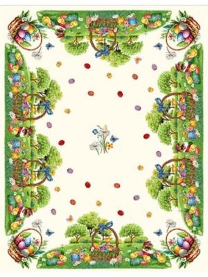 Жакардова великденска покривка 140х180 см с пролетен пейзаж, кошници и великденски яйца