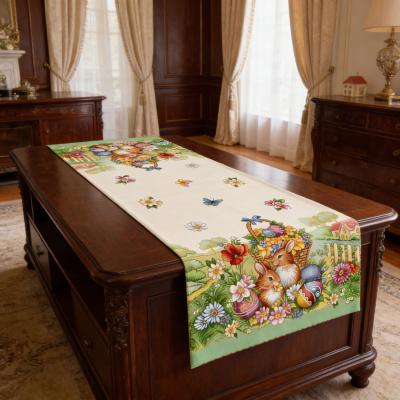 Жакардов великденски тишлайфер със зайчета, кошница и пролетни цветя