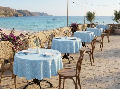 Сини покривки за маса на бели точки - за заведение край морето, лесни за поддръжка