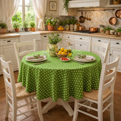 Зелена покривка за маса на бели точки, лесна за поддръжка