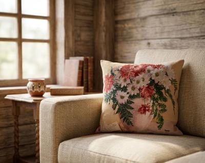 Декоративна калъфка с хризантеми и папрат - винтидж