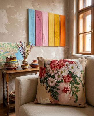 Декоративна калъфка с хризантеми и папрат - винтидж