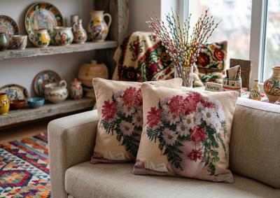 Декоративна калъфка с хризантеми и папрат - винтидж