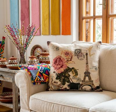 Декоративна калъфка Париж - Айфеловата кула, рози и капучино - винтидж