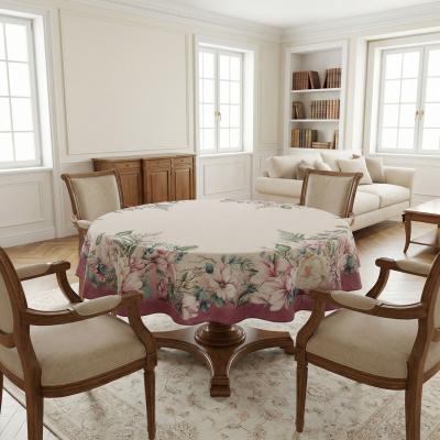 Кръгла жакардова покривка Ф135 с флорален бордюр в розово и крем – класически лукс с модерен уют