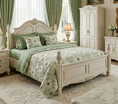 Памучен спален комплект от ранфорс с цветя на светлозелен фон