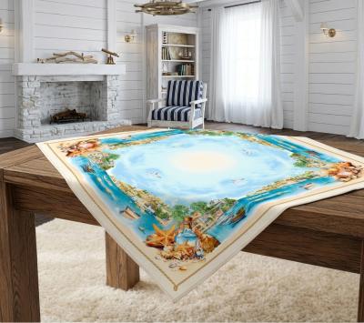 Жакардово каре с морски мотиви, раковини и крайбрежен пейзаж – 90 x 90 см