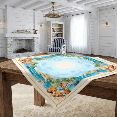 Жакардово каре с морски мотиви, раковини и крайбрежен пейзаж – 90 x 90 см