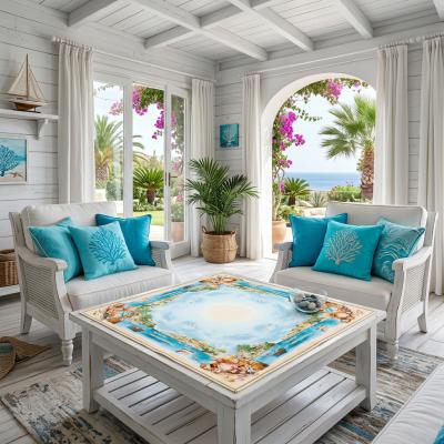 Жакардово каре с морски мотиви, раковини и крайбрежен пейзаж – 90 x 90 см