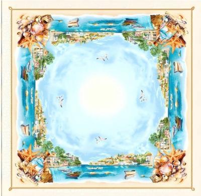 Жакардово каре с морски мотиви, раковини и крайбрежен пейзаж – 90 x 90 см
