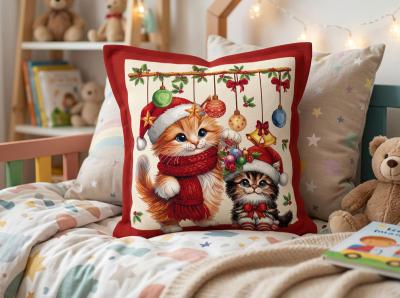 Коледна жакардова калъфка 40х40 см с котета и празнични играчки