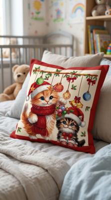Коледна жакардова калъфка 40х40 см с котета и празнични играчки